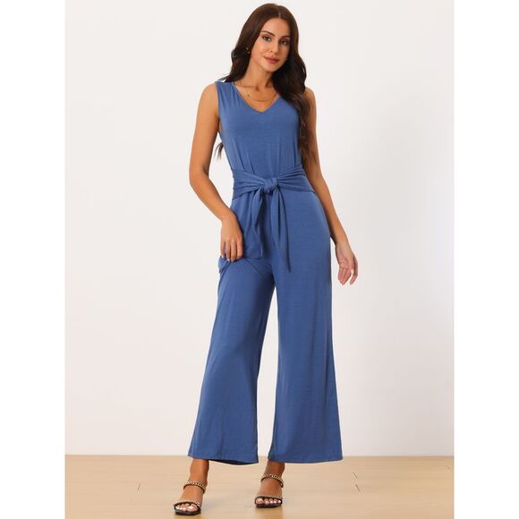 Sleeveless Tie Waist Stretchy Long Pant Romper Jumpsuit with Pockets Blue - Picture 2 of 5